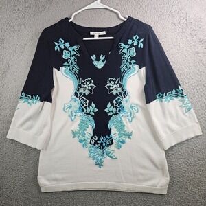 Chico's Embroidered Knit Top‎ Women 0 Small V-Neck White Blue Navy